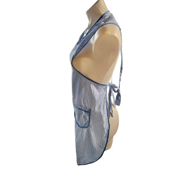 Handmade Blue & White Apron Sleeveless Front Pockets Adjustable Ties Cotton VTG - Picture 3 of 5